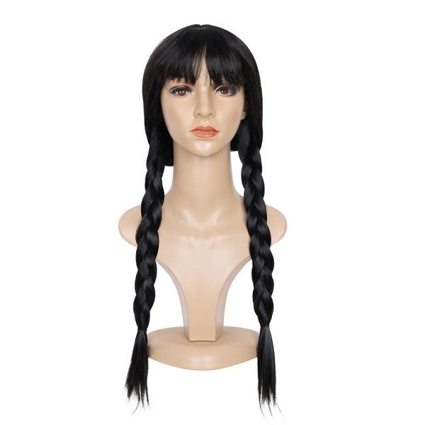 PHOCAS Women Wig Long Black Braided Wigs with Bangs for Family Party Cosplay Hair Wig for Halloween Costume