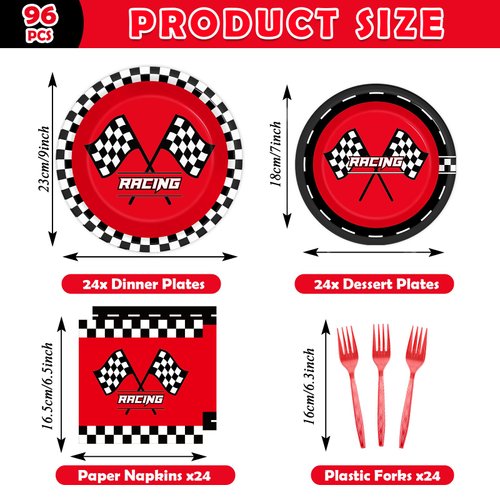 Justforjoyful 96Pcs Race Car Party Plates and Napkin Red Racing Car Party Supplies Black Checkered Flag Dessert Plate Racing Dinnerware Tableware Set for Kid Boy Birthday Baby Shower Home Party Decor