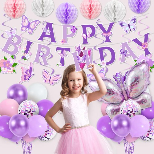 53pcs Butterfly Birthday Decorations, Purple Butterfly Decorations with Honeycomb Ball Banner Butterfly Hanging Swirl Big Butterfly Foil Balloon for Women Girl Butterfly Theme Birthday Supplies