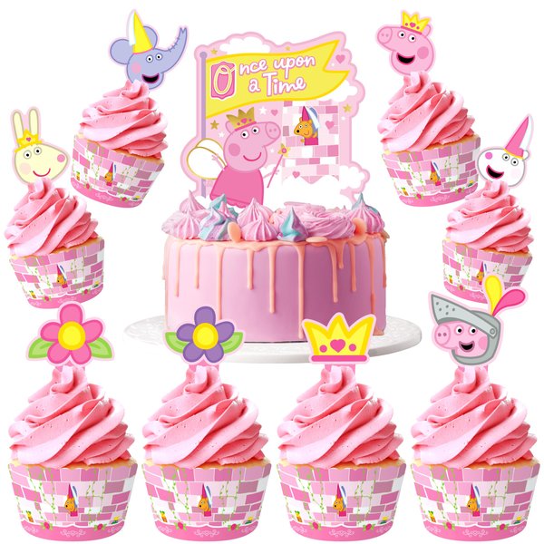 Treasures Gifted Officially Licensed Princess Peppa Pig Birthday Party Supplies - Peppa Pig Cake Toppers - 1 Peppa Pig Cake Topper & 24 Peppa Pig Cupcake Toppers & Wrappers - Peppa Pig Cake Decoration