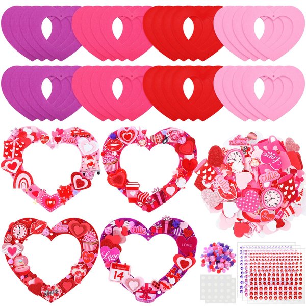 Wavwavw 472 Pcs Valentine's Day Craft Kits Valentine DIY Wreath Craft Kit Love Heart Wreath Arts Decoration with Clock Gnome Heart Stickers for Valentine's Day Indoor Outdoor Home Decor