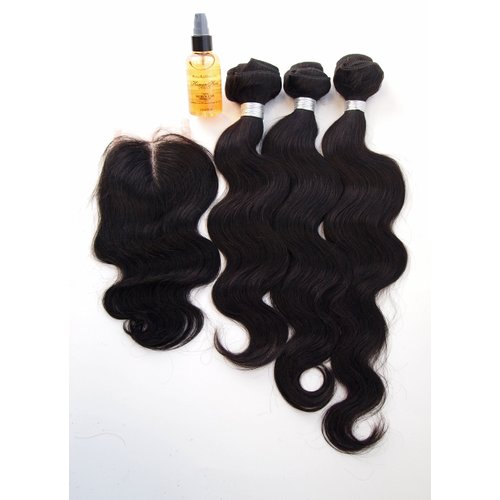 Human Hair Direct™ BODY WAVE 100% Virgin Brazilian Human Hair Extensions 3-Pack PLUS Lace Closure AND free bottle of Argan Oil! (10" 10" 10" Extensions + 10"-12" Lace Closure, #1 - Jet Black (Pre-Colored))