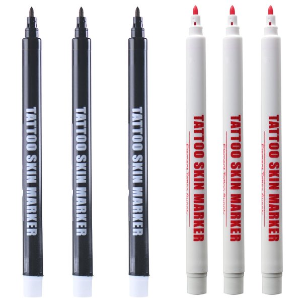 ELEMENT TATTOO SUPPLY - 3 Red 3 Purple Tattoo Stencil Skin Markers - Disposable - Bold Tip - Fine Thin - Skin Scribe - for Freehand Tattooing - Drawing - Sketch 6 Markers
