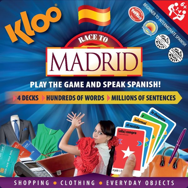 KLOO Learn Spanish Board Game Race to Madrid | Home Fun for Family Kids Adults | Colored vocab Cards | Make Sentences & Talk in a Flash | Juegos de Mesa en Español para la Familia | Boardgame for 1–4