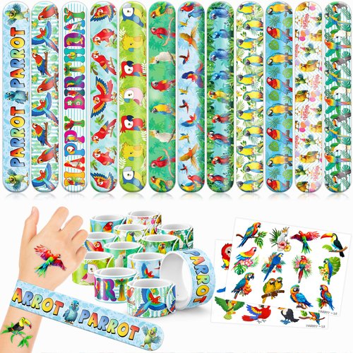 Cherisnowy 48 PCS Parrot Party Favors 24PCS Tattoos Sticker 24PCS Slap Bracelets Wristbands Perfect for Themed Birthday Baby Showers or Classroom Rewards Ideal Decor and Gifts for Girls and Boys