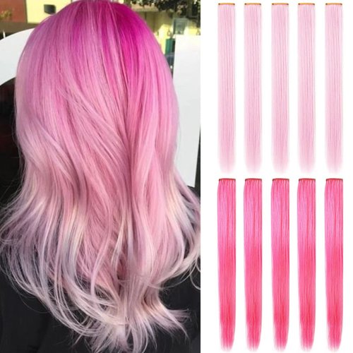 MOSCSMDY 10PCS 21''Light Pink&Pink Hair Extensions for Girls Wig Pieces Clip in Coloured Hair Extensions for Kids Colorful Hairpieces Party Highlights Heat Resistant Synthetic Long Straight Multiple Colors