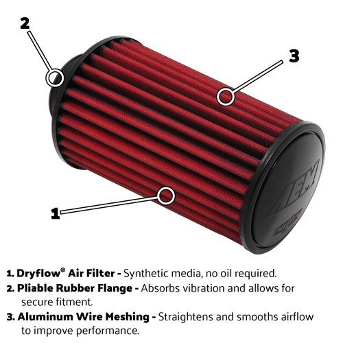 AEM 21-2047DK Universal DryFlow Clamp-On Air Filter: Round Tapered; 3.5 in (89 mm) Flange ID; 7 in (178 mm) Height; 5.25 in (133 mm) Base; 4.75 in (121 mm) Top