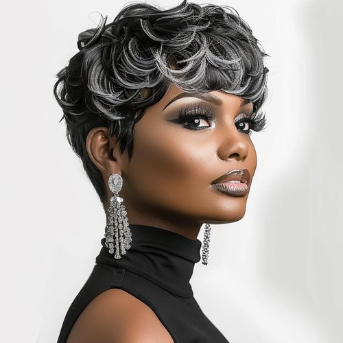 Short Wigs for Black Women Grey Pixie Cut Wigs for Women Black Mixed Grey Pixie Wigs With Bangs Synthetic Short Pixie Cut Wigs for Black Women Short Wigs (Black Mixed Grey)