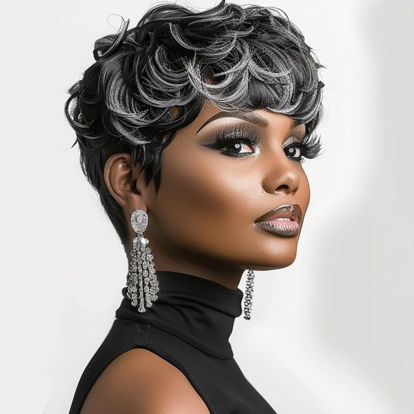 Short Wigs for Black Women Grey Pixie Cut Wigs for Women Black Mixed Grey Pixie Wigs With Bangs Synthetic Short Pixie Cut Wigs for Black Women Short Wigs (Black Mixed Grey)