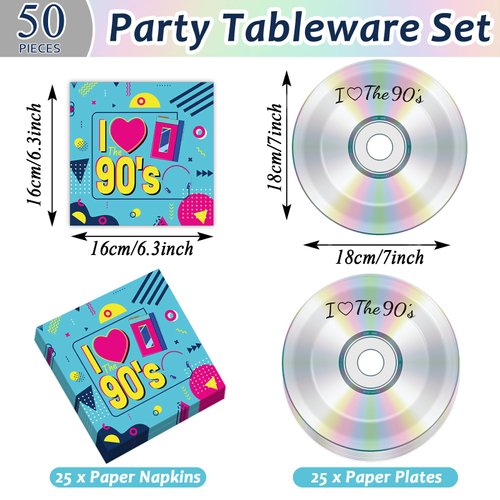 50Pcs 90's Party Paper Plates and Napkins 90's Mix CD Dessert Plates Retro 90s Theme Party Decorations I Love the 90s Tableware Set Serves 25 Guest 1990's Back to the 90's Birthday Party Supplies