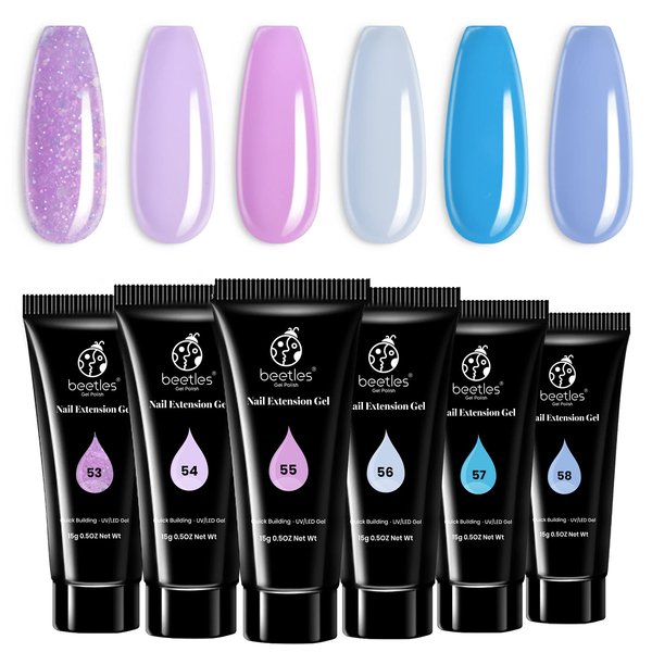 Beetles Poly Extension Gel Nail Kit, 6Pcs Blue Purple Builder Nail Extension Gel Pink Glitter Poly Nail Enhancement French Manicure Kit Trial Nail Art Design Easy DIY Salon Nail at Home