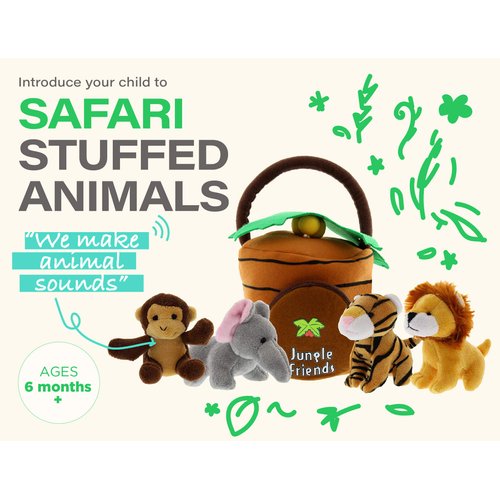 Jungle Animals Talking Plush Baby Toy – 5 Piece Small Stuffed Animals Set Including Jungle House Carrier and Stuffed Monkey, Lion, Tiger & Elephant – These Mini Toys are Ideal for Boys and Girls