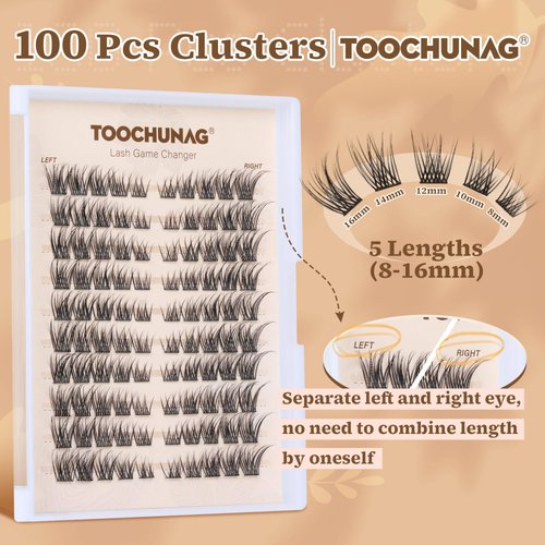 TOOCHUNAG Lash Clusters 8-16 Natural Eyelash Clusters 100pcs C Curl Wispy Individual Lashes Left&Right DIY Lash Extension Thin Band Cluster Eyelashes Extensions