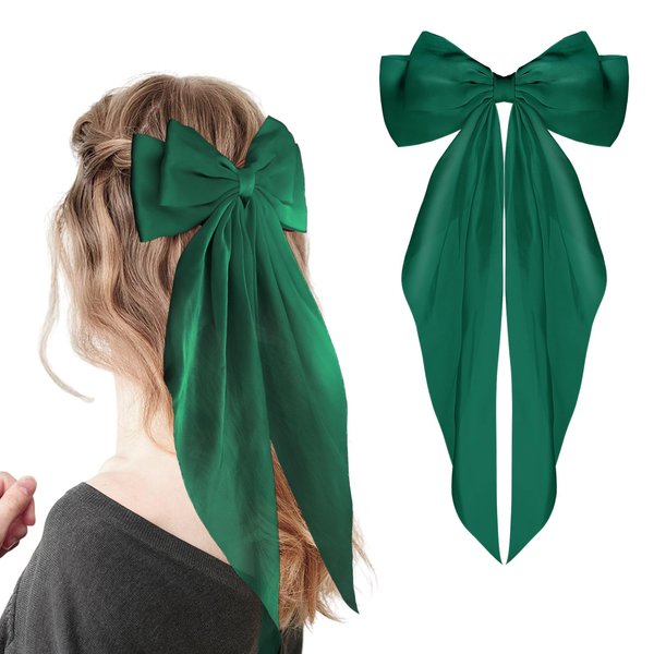 WLLHYF Big Bow Hair Clips Satin Silky Bow Barrettes Long Tail French Hair Bows Metal Hair Pins Bowknot Hair Clamps Hair Accessories for Women Girls Wedding Birthday Party (Green)
