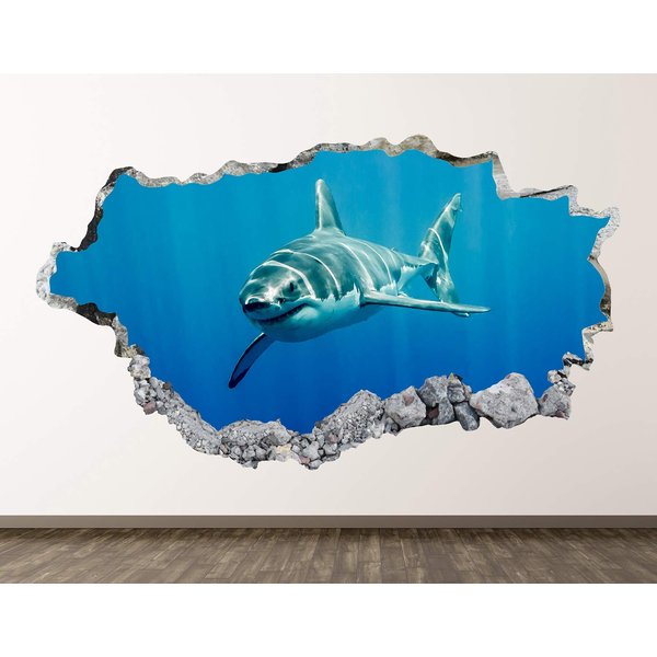 Shark Wall Decal Art Decor 3D Smashed Kids Animal Sticker Mural Nursery Boys Gift BL11 (42"W x 24"H)