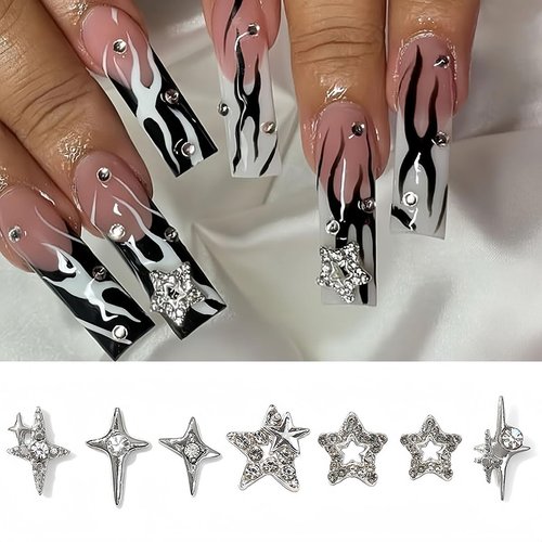 30 Pcs Star Nail Charms 3D Alloy Crystal Stars Nail Silver Star Nail Art Charms for Acrylic Nails Star Designs Nail Rhinestones Gems for Women and Girls DIY Jewelry Decoration Nail Supplies