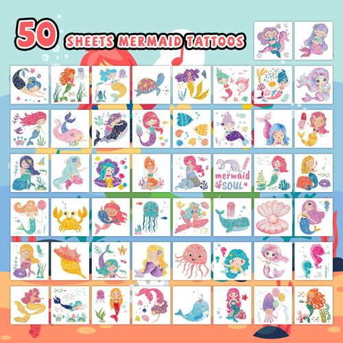 EMOME Mermaid Temporary Tattoos for Girls, 50 Styles Glitter Tattoos for Kids Individually Wrapped, Mermaid Stickers Special for Girls Party Favors Decorations Supplies