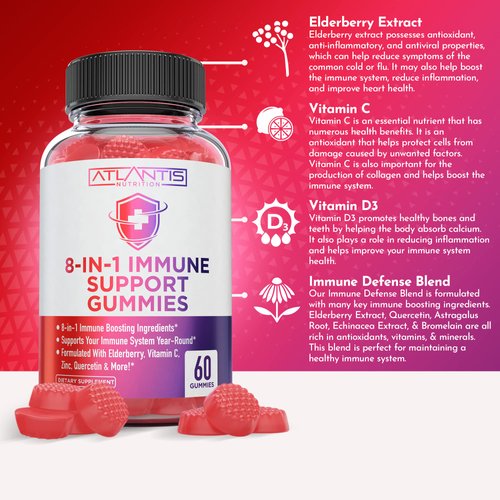 8-In-1 Immune Support Gummies With Elderberry - Powerful Immune Support Supplement Blend Of Elderberry, Quercetin, Zinc & Vitamin C Gummies Are Great Immune Boosters For Adults & Kids - 60 Gummies