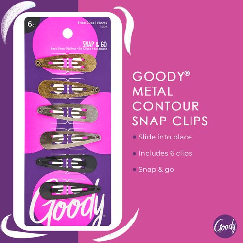 Goody Metal Contour Hair Snap Clips - 6 Count, Classic Colors - Just Snap Into Place - Suitable for All Hair Types - Pain-Free Hair Accessories for Women and Girls - All Day Comfor