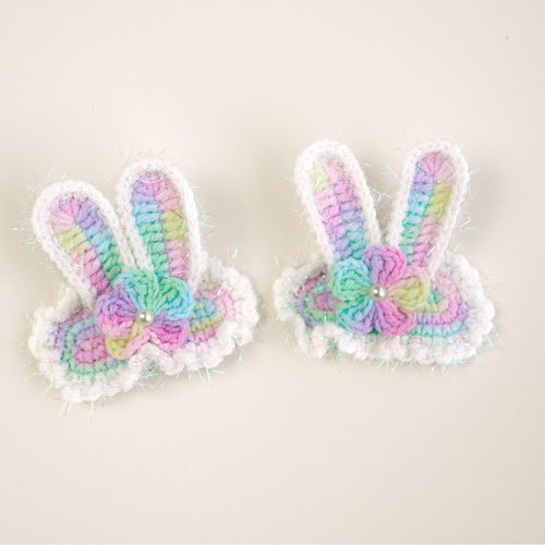WOCATS 2pcs Metal Snap Hair Clips -Handmade Woven Knitting Adorable Bunny Crochet Hairpins as cool gifts for Wedding Party Makeup Birthday Decoration (Blue Rainbow)