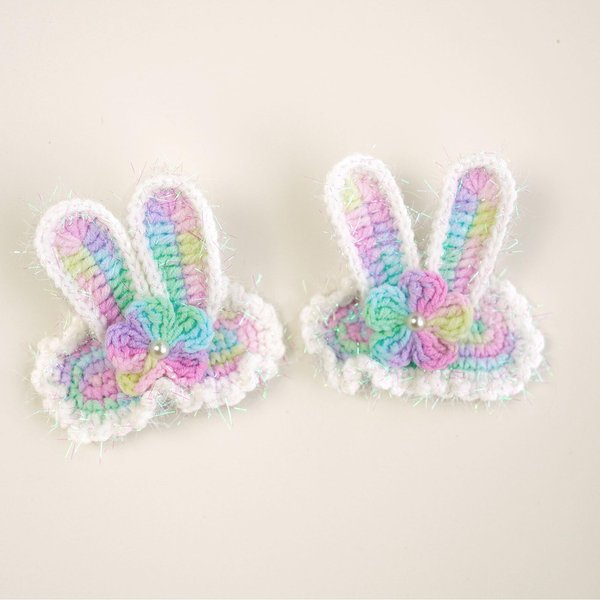 WOCATS 2pcs Metal Snap Hair Clips -Handmade Woven Knitting Adorable Bunny Crochet Hairpins as cool gifts for Wedding Party Makeup Birthday Decoration (Blue Rainbow)