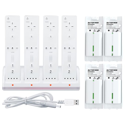 Battery Charger Set for Wii Wiiu Remote Controller, 4Pack Rechargeable Wii Battery Replacements + Wii Remote Charger Station Dock with 4 Charging Ports + USB Cord (NOT Include Controller)
