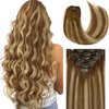 Lacer Hair Extensions Clip in Human Hair Ombre Chocolate Brown to Caramel Blonde with Brown Roots 120g 7pcs Remy Human Hair Extensions Clip in Real Natural Hair Extensions Straight 16 Inch