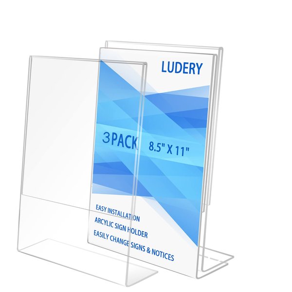 Ludery Acrylic Sign Holder 8.5 x 11, Plastic Stands for Display, Slanted Back Sign Holders, Tabletop Sign Holder for Office, Home, Store, Restaurant,3 Pack