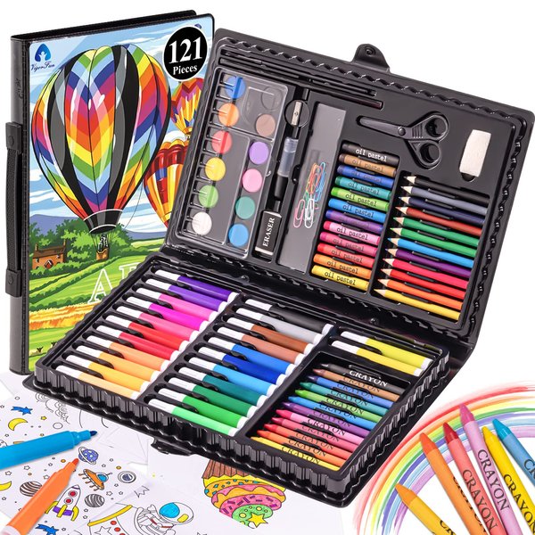 Art Kit, Vigorfun Drawing Painting Art Supplies for Kids Girls Boys Teens, Gifts Art Set Case Includes Oil Pastels, Crayons, Colored Pencils, Watercolor Cakes (Black)