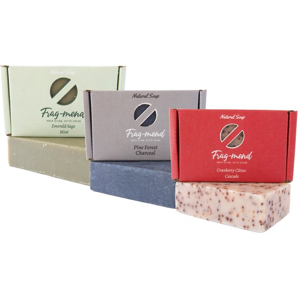 Frag-mend Men’s Natural & Vegan Cold Process Bar Soap Made from Natural Oils Moisturizing for Face & Body - No Harmful Chemicals, For All Skin Types - Cranberry, Pine, Emerald 3 Pack
