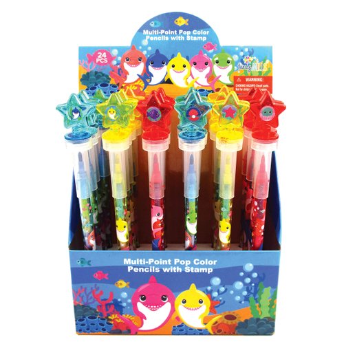 TINYMILLS 24 Pcs Shark Family 2 in 1 Stackable Stacking Crayon with Extra Stamper Topper, Kids Party Favors, Goodie Bag Stuffers, Classroom Rewards, Prizes