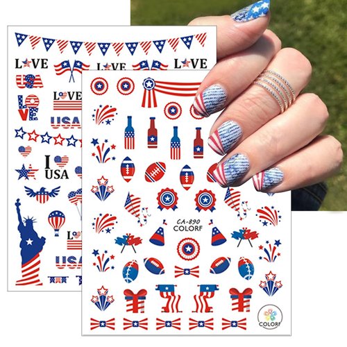 8 Sheets 4th of July Nail Stickers Self-Adhesive American Flag Independence Day Nail Decals Patriotic Nail Art Stickers Eagle Fireworks Heart Stars Nail Design Nail Art Supplies for Women Nail Decor
