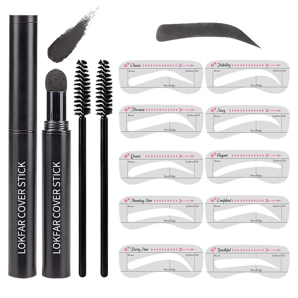 Eye-Brow Stamp Stencil Kit, Waterproof Brow Stamp Shaping Kit Eyebrow Definer, Eyebrow Filling Powder Stamp, Eye Brow Stamping Kit with 10 Eyebrow Stencils, 2 Eyebrow Brushes for Women (Black)