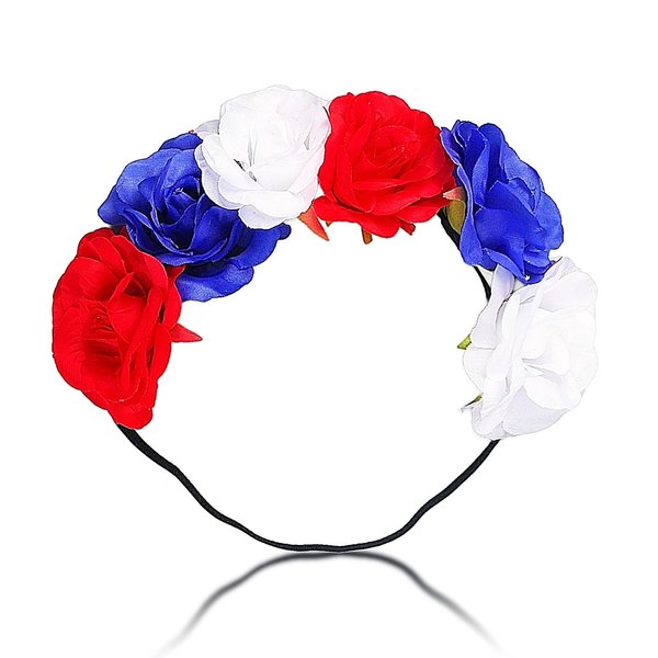 Jacnkb 4th of July Flower Headband Red White Blue Headband Patriotic Floral Crown American Rose Stretch Headband Independence Day Party Favors for Women Girls Dress Up Accessories