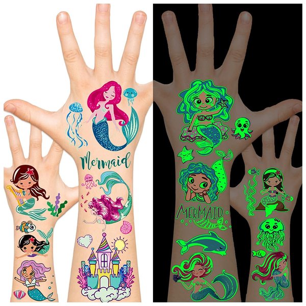 Leesgel Luminous Mermaid Party Favors, 138pcs Mermaid Temporary Tattoos for Girls, Mermaid Party Supplies