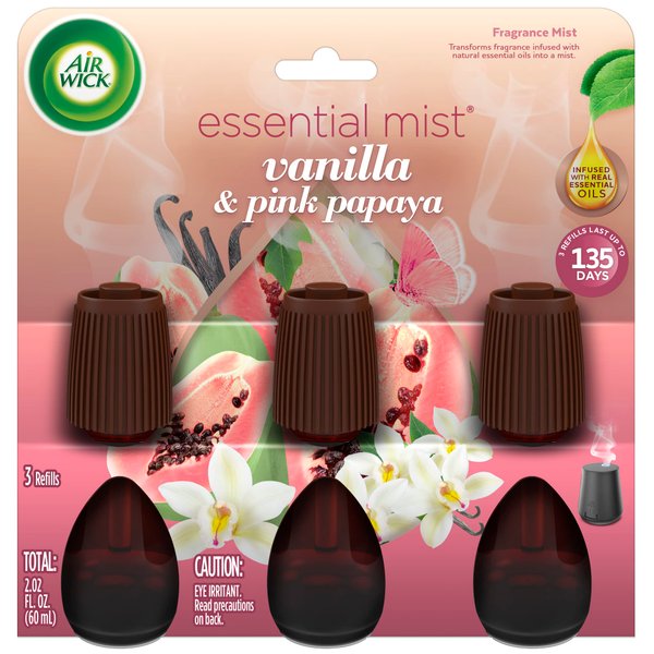 Air Wick Essential Mist Refill, 3 Ct, Vanilla and Pink Papaya, Essential Oils Diffuser, Air Freshener