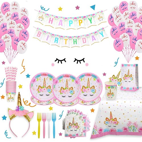 Girls Birthday Party Supplies Including Plates Cups Straws Tablecover for Pink Birthday Party Serve 16 Guests