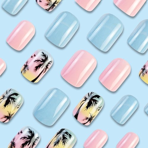 Summer Press on Nails Short Square Shaped Fake Nails Pink False Nails with Coconut Tree Designs Hawaii Glue on Nails Blue Summer Stick on Nails Full Cover Acrylic Nails Glossy Artificial Nails
