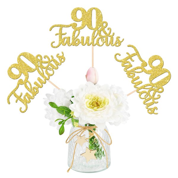 12 PCS 90 and Fabulous Centerpiece Sticks Double Sided Happy 90th Birthday Table Flower Centerpieces Sticks Cheers to 90 Floral Decorations for 90th Birthday Anniversary Party Supplies Gold