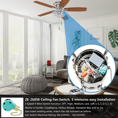 ZE-268S6 Ceiling Fan Switch, 3 Speed 4 Wire Pull Chain Switch Control Switch Compatible with Hunter Ceiling Fans, Wall Lamps (2 Pack, Brass)
