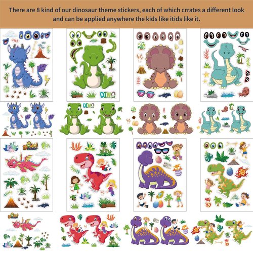 24 Pieces Make Your Own Dinosaur Stickers Make A Face Stickers for Kids Toddlers with Dinosaur System DIY Craft Stickers Kids Party Favor Supplies Crafts