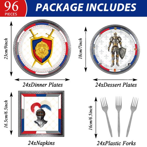 chiazllta 96 Piece Medieval Party Decorations Castle Birthday Paper Plates and Napkins Knights Party Birthday Supplies Favors for Boys and Girls, Medieval Party Decor Serves 24