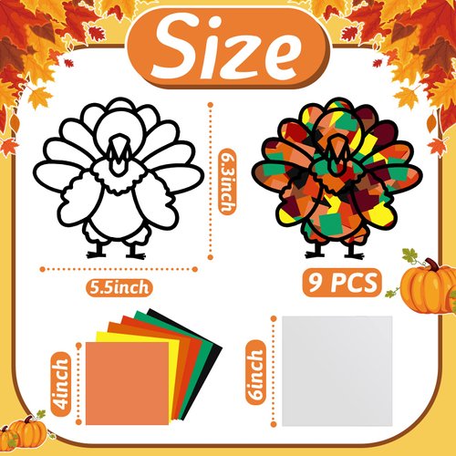 Gueevin 18 Sets Thanksgiving Stained Glass Effect Paper Suncatchers Thanksgiving Suncatcher Kit DIY Suncatcher Paper with Tissue Paper and Glue Sticks for Children Window Classroom Arts and Crafts