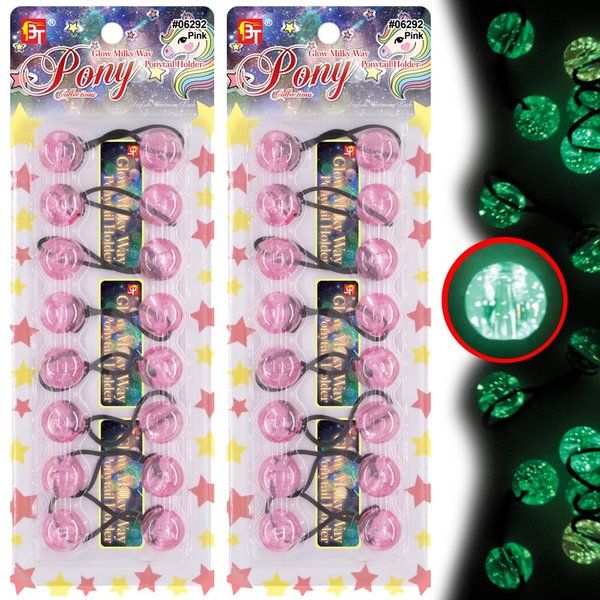 16 Pcs 20mm Hair Ties Hair Accessories for Girls Glitter Hair Ties with Balls Bubble Twinbead Ponytail Holders Bobble Hair Balls Kids Toddler Girl Hair Accessories (Glow in the Dark Milky Way - Pink)
