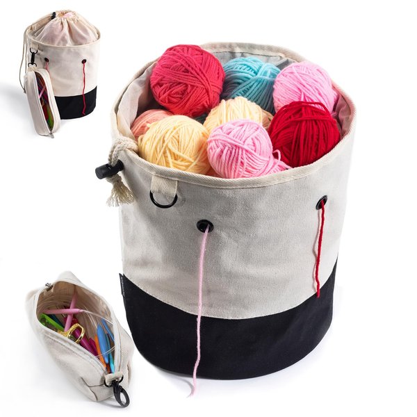MYBAGZING Small Yarn Bag with Knitting & Crochet Suppliers Case, Canvas Crochet Bag Organizer, Mini Knitting Bag, Yarn Storage Bags Yarn for Crocheting, Crochet Beginner, Yarn Holder