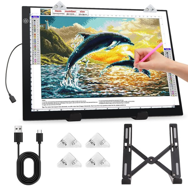 Zocelight A4 Light Pad for Diamond Art Kits for Adults,0.2" Ultra Thin Light Board with Stand and Clip for Diamond Painting Accessories,3 Levels Dimming Light Box for Drawing,Sketching,Animation