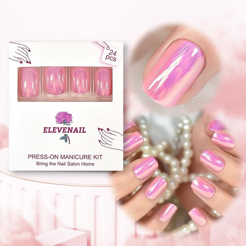 ELEVENAIL Press On Nails Glossy Short Squoval Stick On Fake Nails Salon DIY Acrylic Manicure Reusable Magic Pink Chrome False Acrylic Nail Art Tips for Women Girls