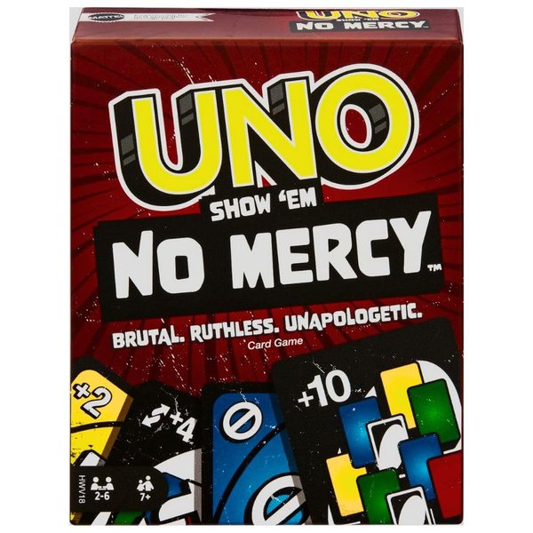 Mattel Games UNO Show ‘em No Mercy Card Game for Kids, Adults & Family Parties and Travel with Extra Cards, Special Rules and Tougher Penalties