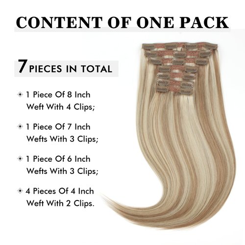 Sixstarhair 16inch Clip In Hair Extensions Ash Brown Fading to Ash Blonde 7 Pieces Natural Human Hair Invisible Remy Hair Extensions 140g per Pack [Color P8-60# 16inch]