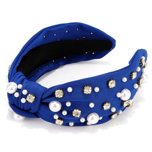 Atoden Knotted Headbands with Pearl Rhinestone Royal Blue Womens Headbands Wide Top Knot Headbands Beaded Headband Crystal Jeweled Head Bands for Women's Hair Embellished Headbands Non Slip Sparkly